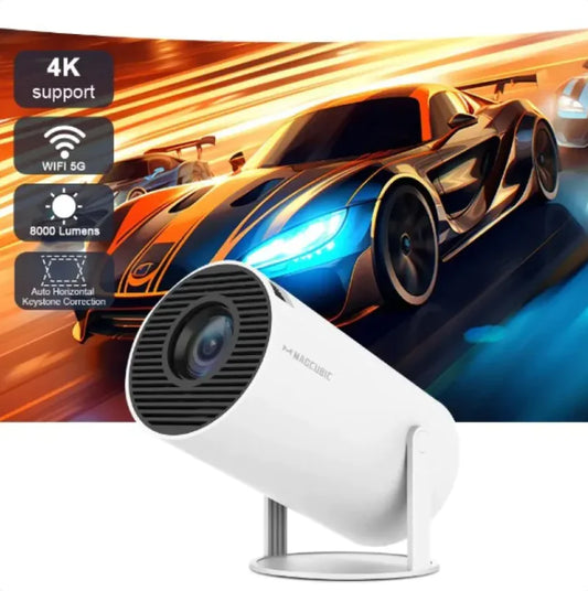 High-performance projector with 4K support and 8000 lumens brightness, showcasing dynamic racing visuals.